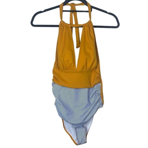 Cupshe Wm’s Sz Med Mustard Yellow Navy Striped Deep V Padded Swim Bathing Suit - Picture 1 of 9
